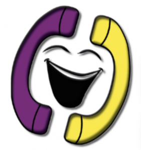 Ein Symbol mit zwei Telefonhörern, die sich gegenüber stehen. Eins ist lila gefärbt, das andere gelb und in der Mitte zwischen den zwei Hörern ein lachender Mund mit zugezwinkerten Augen. Dieses Bild findet man auf der Webseite vom Bundesverband Burnout und Depression.