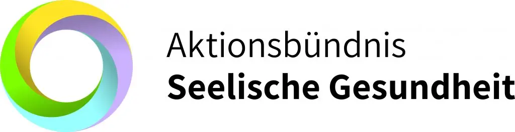 Ein kreisrundes Symbol mit vier Farben, die ineinander greifen und rechts daneben die Schrift Aktionsbündnis seelische Gesundheit. Dieses Bild findet man auf der Webseite vom Bundesverband Burnout und Depression.