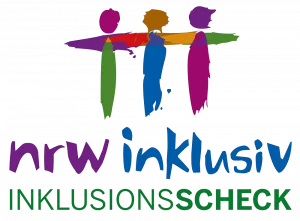 Ein Symbol mit 3 Männchen, welche ineinander greifen mit der Aufschrift NRW inklusiv Inklusionscheck für Das Miteinander von Menschen mit und ohne Behinderung stärken