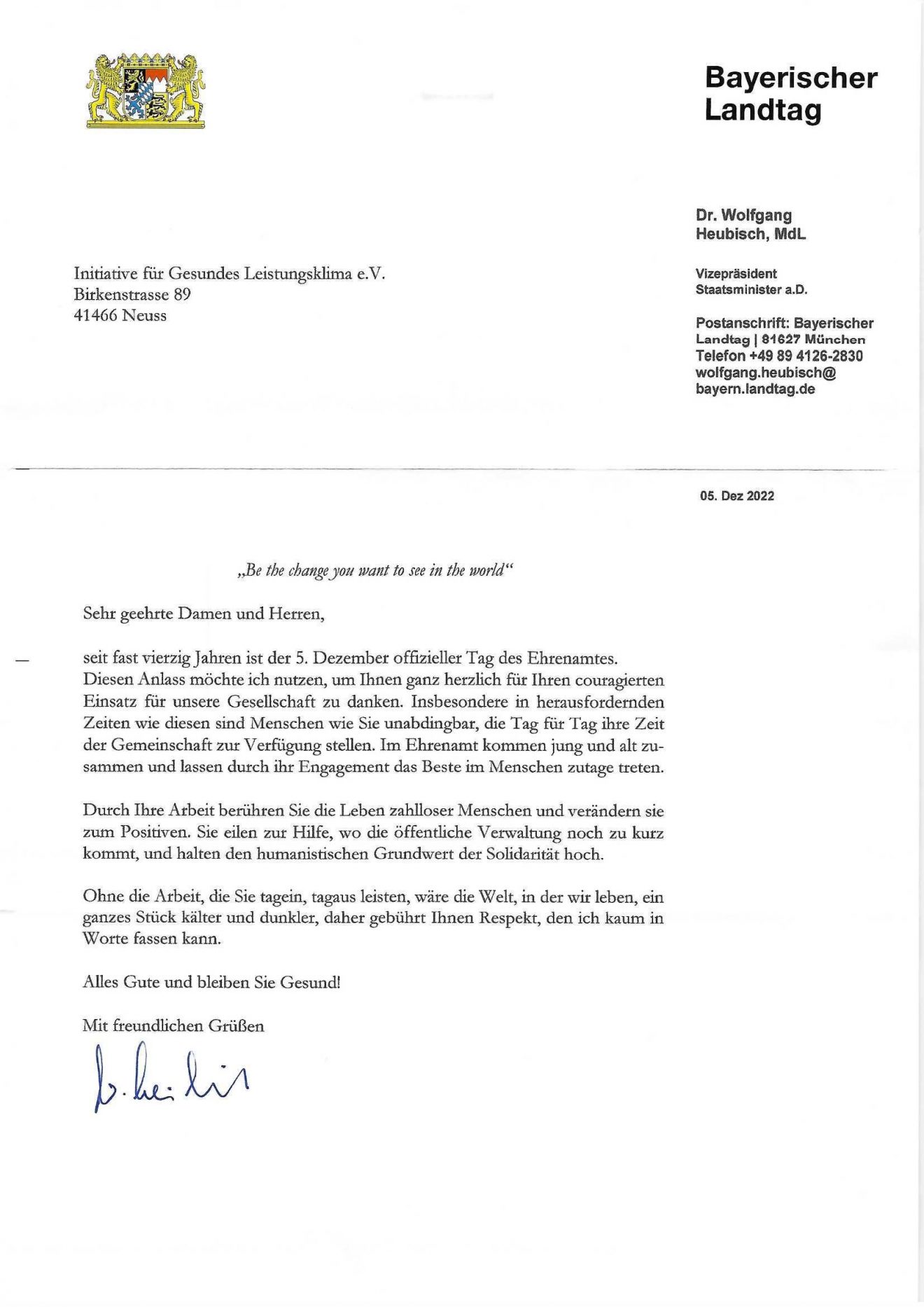 Dankschreiben des Bayerischen Landtages